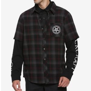 BlackCraft Red & Grey Plaid & Fleece Sleeves Hooded Woven Button-Up